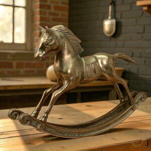 Vintage Solid Brass Rocking Horse Figurine / Statue Heavy / Patina Gold